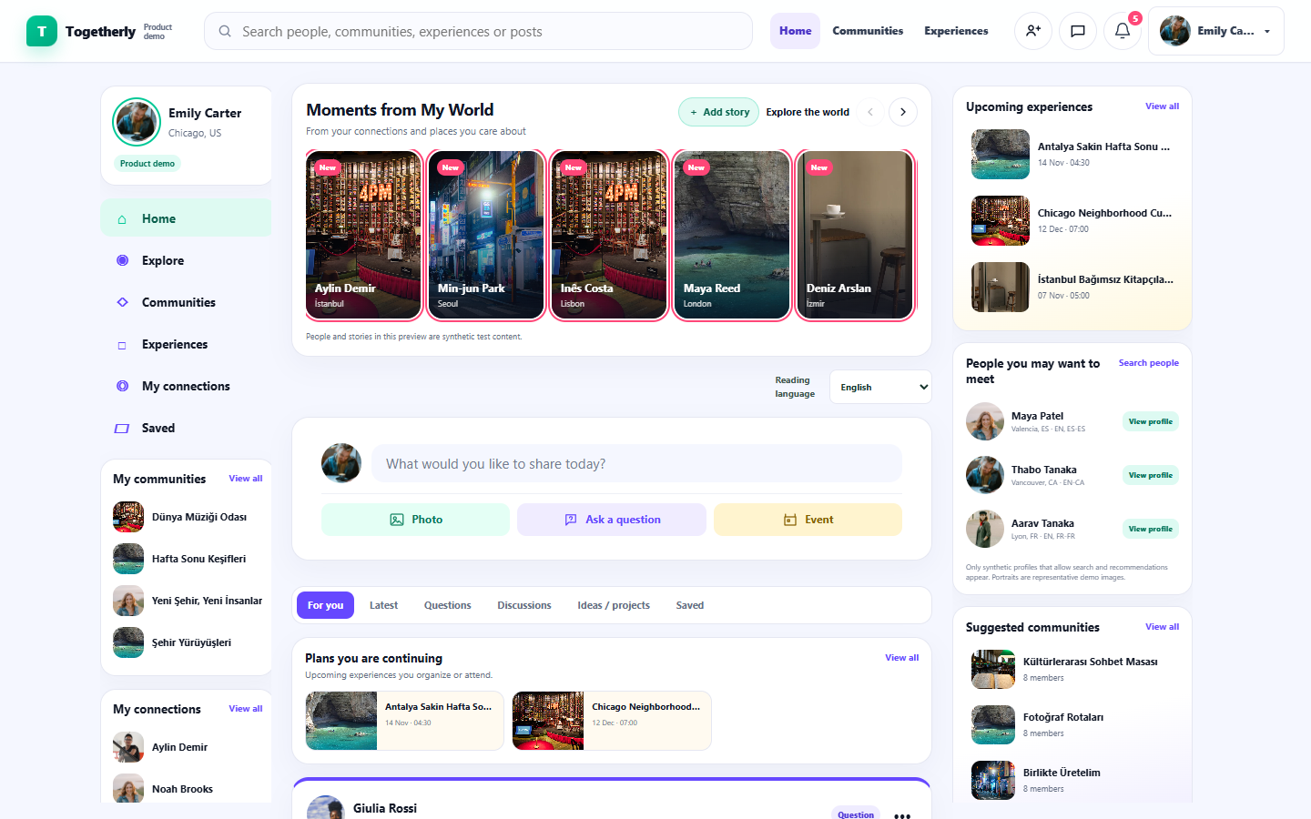Togetherly home screen showing stories, questions, communities and shared experiences